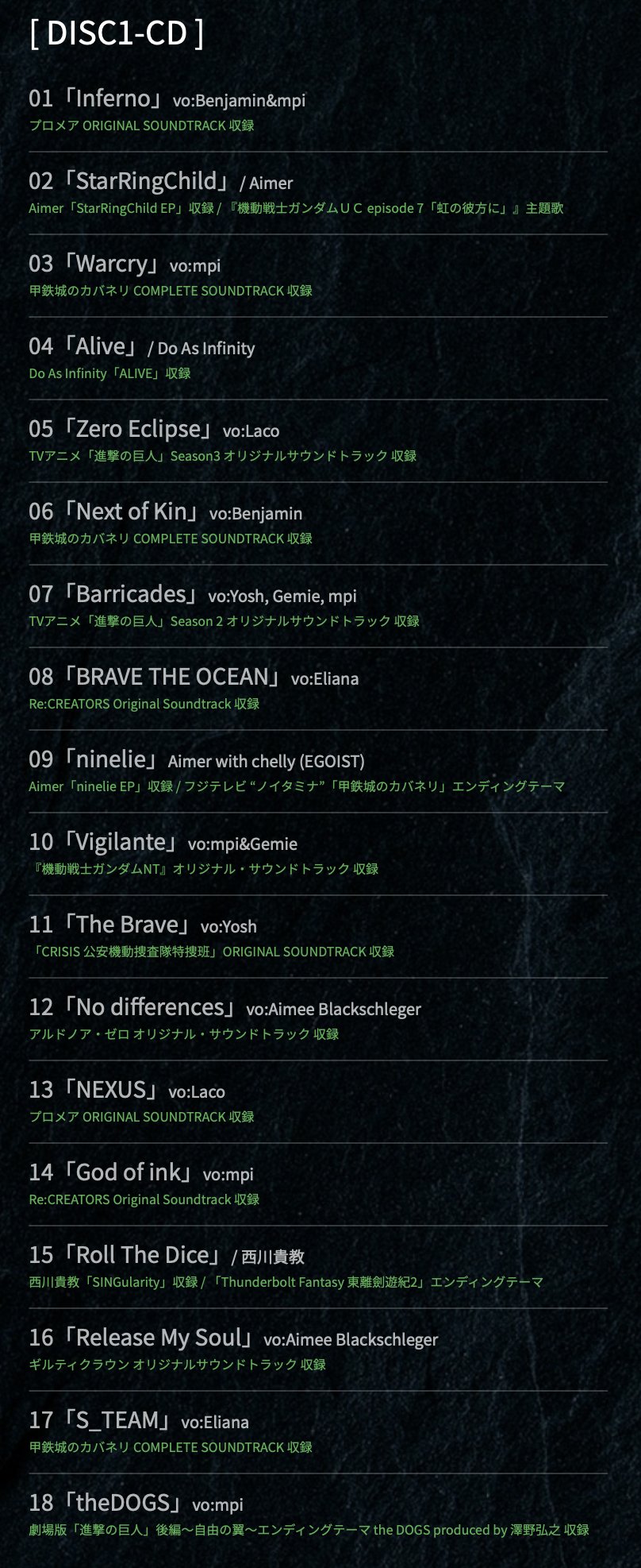 澤野弘之 Nzk 4 8発売の Best Of Vocal Works Nzk 2 収録曲 Disc1はプロメア 進撃の巨人 機動戦士ガンダムnt 甲鉄城のカバネリ Re Creators アルドノア ゼロ ギルティクラウンなどのサントラからのボーカル楽曲の他 アーティスト提供曲など