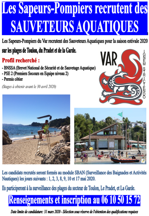 SDIS83's tweet photo. Le @SDIS83 lance, sur l'Ouest #Var, une campagne de recrutement de #pompiers saisonniers qui participeront à la surveillance des baignades et des activités nautiques durant l'été 2020.
Venez acquérir une expérience professionnelle riche et diversifiée basée sur l'esprit d'équipe. https://t.co/KfVszsmoTA