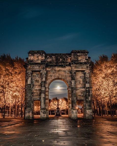McLennan Arch in Glasgow Green surrounded by trees and lit up by the moon