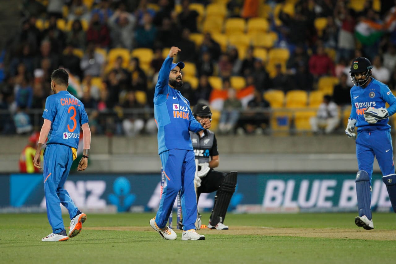 Virat Kohli celebrates a wicket during an ODI match against New Zealand. (Credits: Twitter/ Virat Kohli)