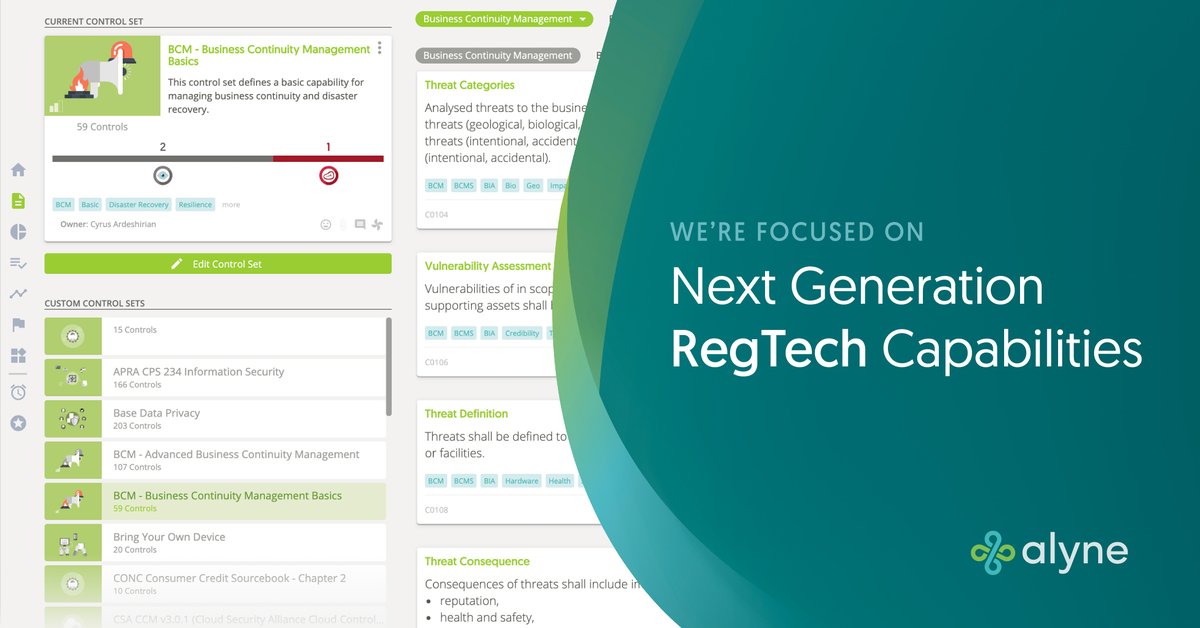 alyne's tweet image. Take a look at #Alyne's core product features and view the latest summary of every topic, #controlset, #assessment, #regulation and #standard, covered within the Alyne #ContentLibrary: bit.ly/2uasXCz

#GRC #MissionControl #RegTech #GetAlyned