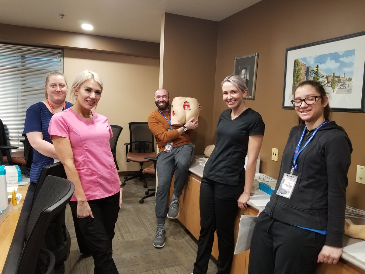 Integrating an evidenced based, #bpso, nursing skills day into orientation is not only fun, but a great way to support teamwork and confidence in new hires and students in Long Term Care!! Congrats to our new team members! Welcome to the Perley Rideau @prvhc_seniors!! <a href="/RNAO/">RNAO</a>