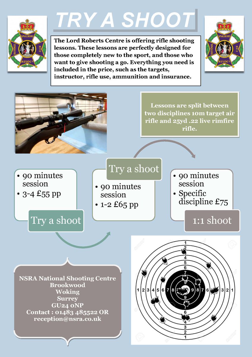 The Lord Roberts Centre offers Try a shoots! For further information contact us: reception@nsra.co.uk or 01483 485522