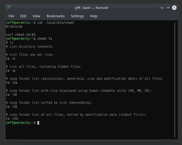 Command line shows a very simple script:

#!/bin/sh
curl cheat.sh/$1

Below this, the command is shown being called:

cheat ls

The expected cheat.sh output is displayed.