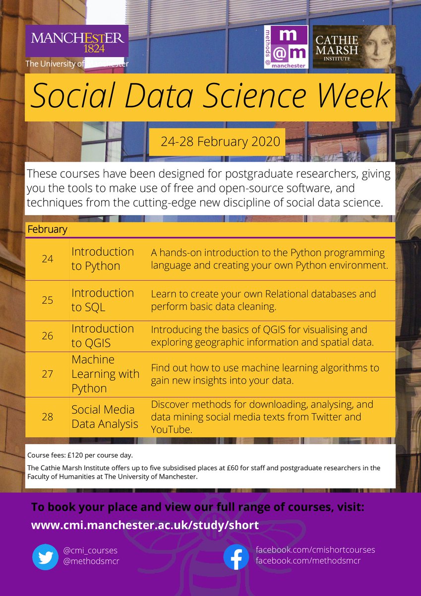 methodsMcr's tweet image. This is part of our brand new Social Data Science Week, in collaboration with @cmi_courses! There are five short courses to explore in the latest free and open-source software. Find out more here: ow.ly/bn7b50y9SN7 #SocialDataScience #Research