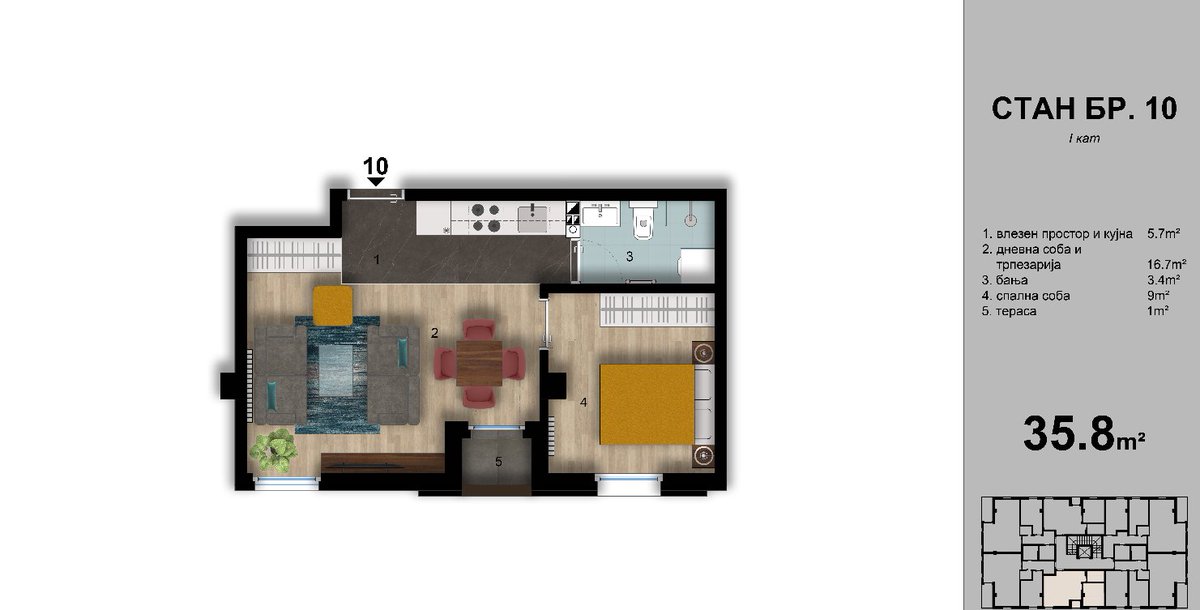 CranEngineering's tweet image. 🏠Најмалиот стан во објектот е 35,8м2 и се наоѓа на 1 кат, ориентиран на север.

Во основата на овој стан има:
-влезен простор 5,7м2
-дневна соба со трпезарија 16,7м2
-спална соба 9м2
-бања 3,4м2
-тераса 1м2
Инфо за слободни станови
070 264 903 
@O_KiselaVoda