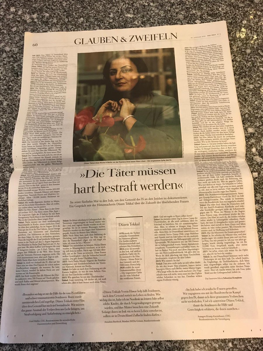 DuezenTekkal's tweet photo. Eine ganzseitiges Interview in @DIEZEIT. Dazu parteiübergreifende Unterstützung für unser Anliegen. Die Aufgabe, den IS & den Genozid an den JesidInnen endgültig zu stoppen, ist nicht leicht. Aber wir können sie gemeinsam bewältigen. #FindOur2000 Danke @sebkemp für das ITV. https://t.co/vFJwFxItJ8
