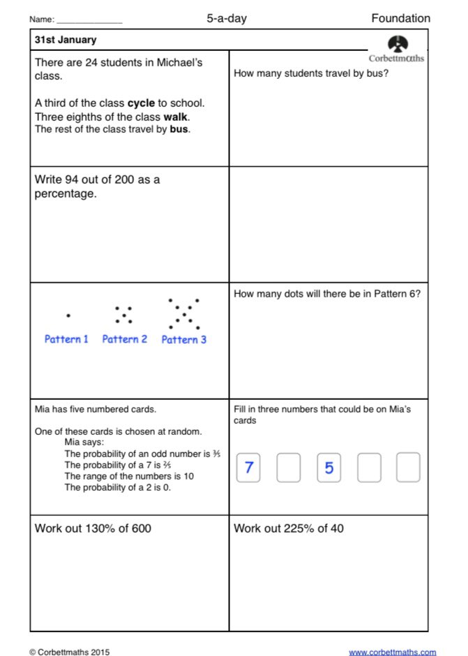 Corbettmaths's tweet photo. Studying for Foundation GCSE Maths? Try today's Foundation or the challenging Foundation Plus #maths5aday answers: https://t.co/sVLNKxUe8M https://t.co/81yBpnD1xI