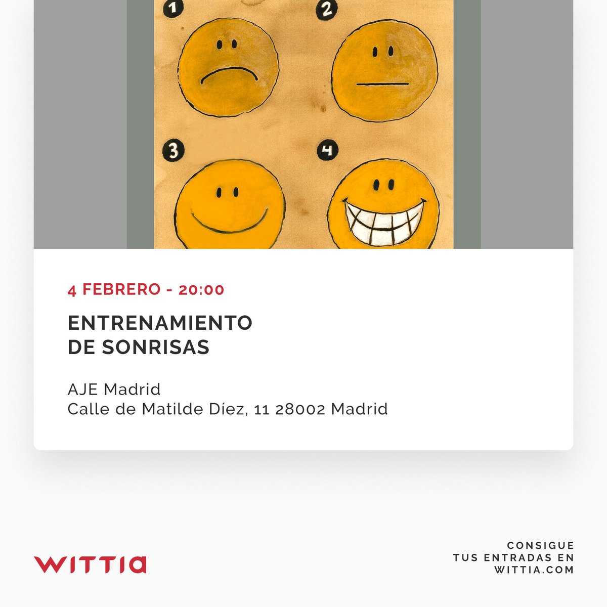 EsWittia's tweet photo. Dicen que una #sonrisa vale más que mil #palabras y por ello, @evaroblesspain nos trae un #entrenamiento específico para no perderla nunca en la sede de @ajemadrid.
•
•
•
#evento #sonrisa #smile #felicidad #AJE #garAJE #wittia

https://t.co/cGSegbnVae https://t.co/oXxSkECBC0