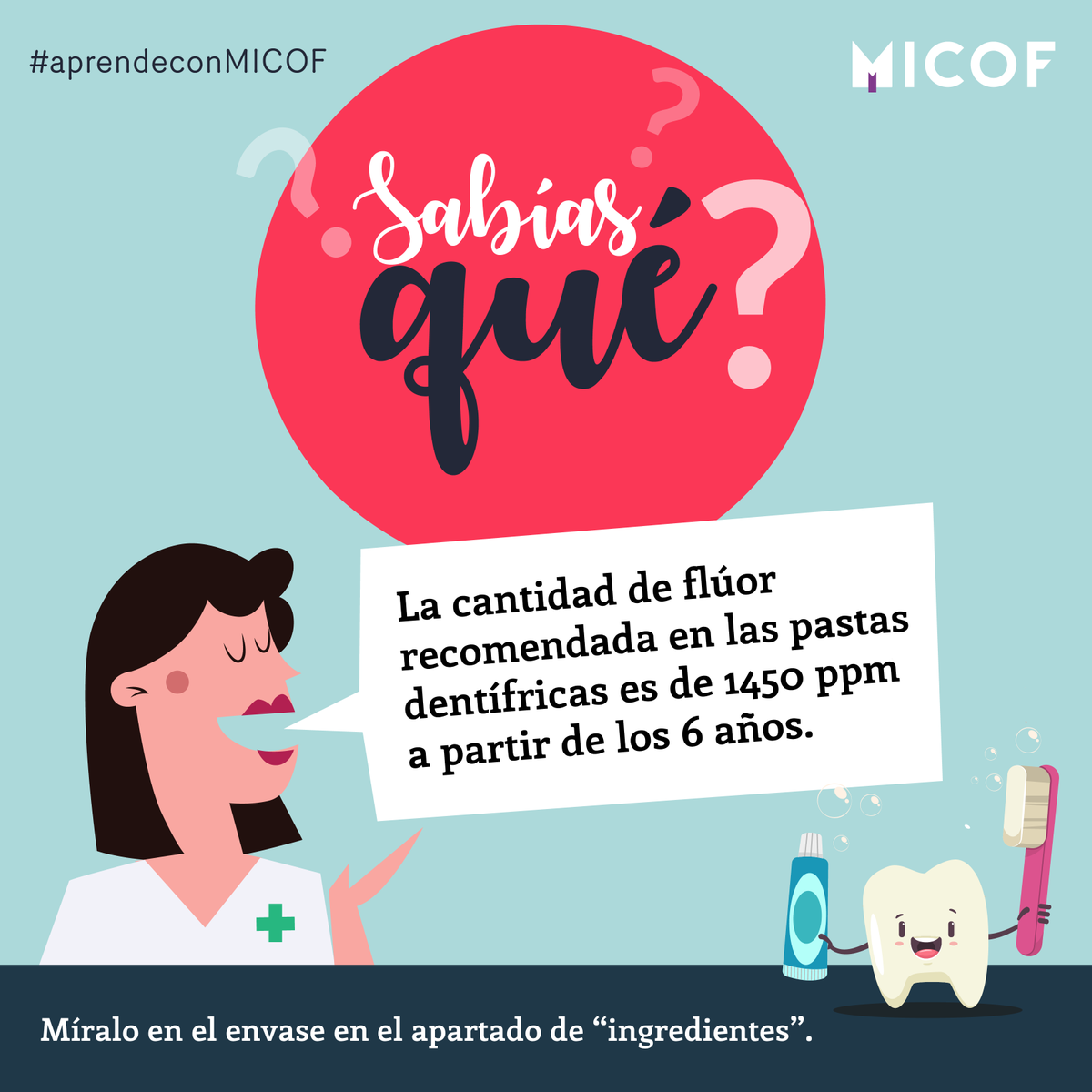 ¡Buenos días! ¿Sabes si tu dentífrico es efectivo? 🤔 Mira los ingredientes y comprueba si contiene 1.450 partes por millón (ppm) de flúor. 👍