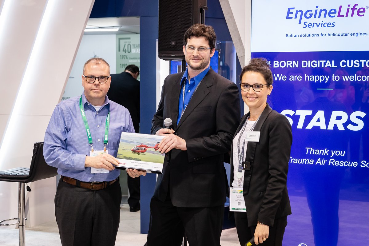 SafranHCEngines's tweet photo. Safran Helicopter Engines has announced at #haiexpo20, Support By the Hour (SBH®) service goes digital. 

During Heli-Expo, @STARSambulance (Shock Trauma Air Rescue) has become the first digital SBH customer 💻

#EngineLifeServices #ExpertLink #HealthMonitoring  #SBH https://t.co/Ej6Bu9j7nY