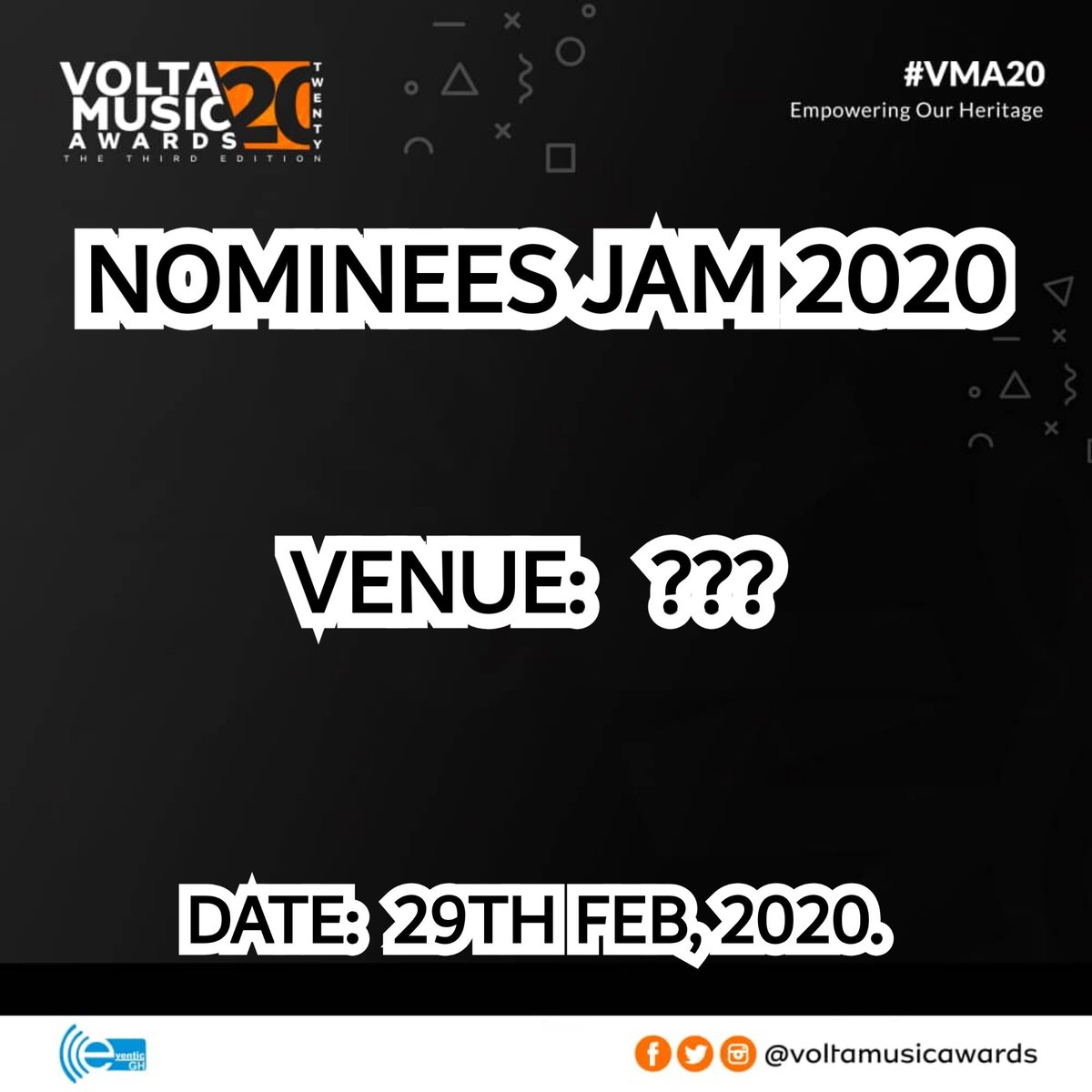 VoltaMusicAward's tweet photo. ARE YOU READY for the 2nd Edition of the Volta Music Awards Nominees Jam which comes of on Saturday 29th February, 2020? 

If YES, where or which town or city would you love to see hosting it this time around? Let's hear from you on this below in the comment section.
#VMA20 https://t.co/JhChr01i8c
