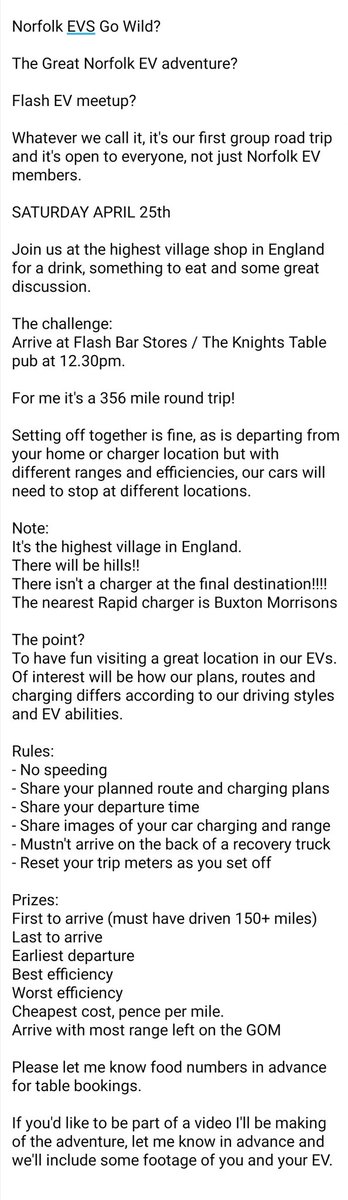 NorfolkEvs's tweet photo. Norfolk EVS Go Wild

Saturday April 25th 12:30pm meetup at the Knights Table / Flash bar stores.

@StaffsEVs 
@DerbyshireEVs 
@LincsEVs 
@NottinghamEVs
@OctopusEV 
@EssexEVs
@KateFantom 
@FlashBarStores https://t.co/deizBRvGUl