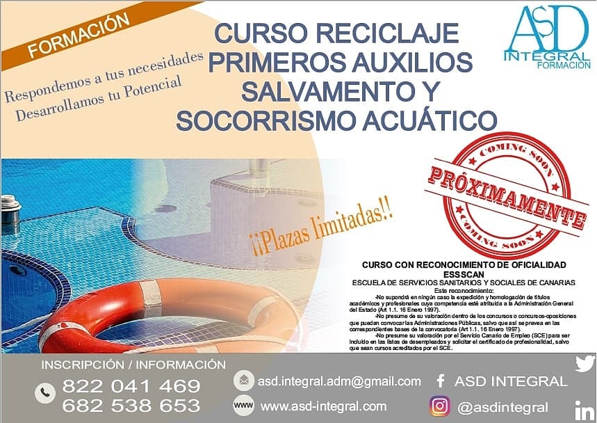 ASDIntegral's tweet image. Comenzamos con las primeras convocatorias de cursos y Reciclaje para este año. Convocatoria abierta. Plazas limitadas. 
"CURSO RECICLAJE PRIMEROS AUXILIOS SALVAMENTO Y SOCORRISMO ACUÁTICO" .

☎️ 822 041 469
📱 682 538 653 / 675 839 509