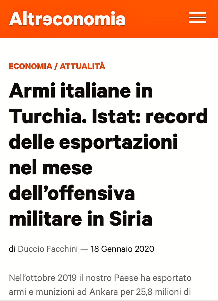 ReteRestUmani's tweet photo. 🇮🇹🇹🇷=☠️ 2019, RECORD di #armamenti alla Turchia. Intanto non si sa nulla dello stop a futuri accordi promesso 3 mesi fa dal #GovernodellaCONTINUITÀ

Post: https://t.co/QLE81njcvi

#conilRojavafinoallaVittoria #BijiRojava #StopArmiAllaTurchia #EmbargoPopolare #NoWar #RestiamoUmani https://t.co/jk8VODOoJx