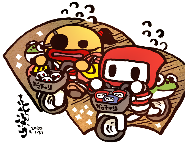 ガマチャリに乗って競争するじゃじゃ丸くんとナマズ太夫描きました。 #ガマチャリ 