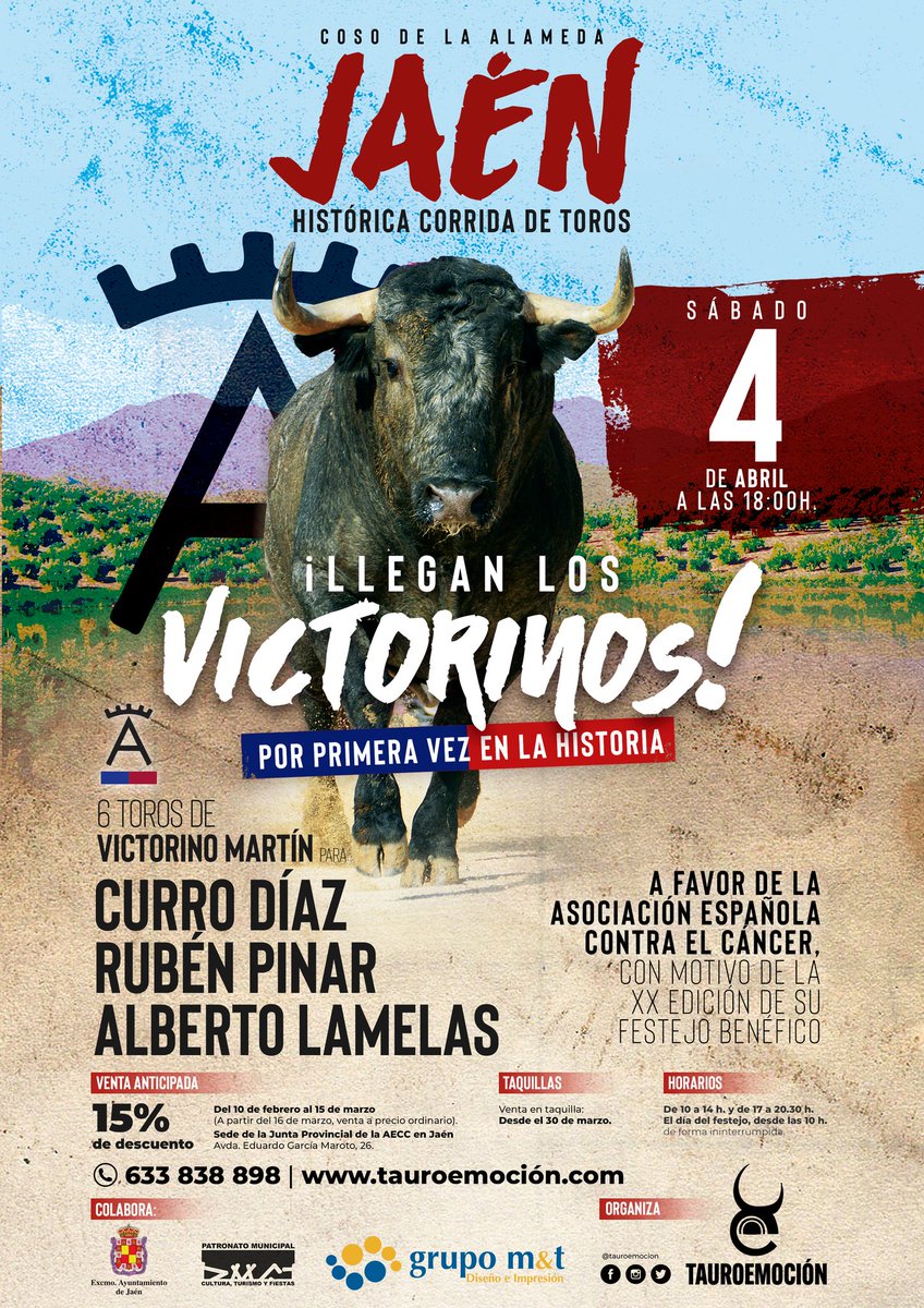 TorosEnJaen's tweet photo. 🔝 ¡Llegan los Victorinos!
👉🏼 04/04/20 - ⏰ 18 h.
👤 @CurroDiazOf, @RubenPinarR y @AlbertoLamelas.
💸 A favor de @aeccjaen.
💪🏼 ¡Hagamos historia! ¡Seamos solidarios! https://t.co/Z7cDEcExRl
