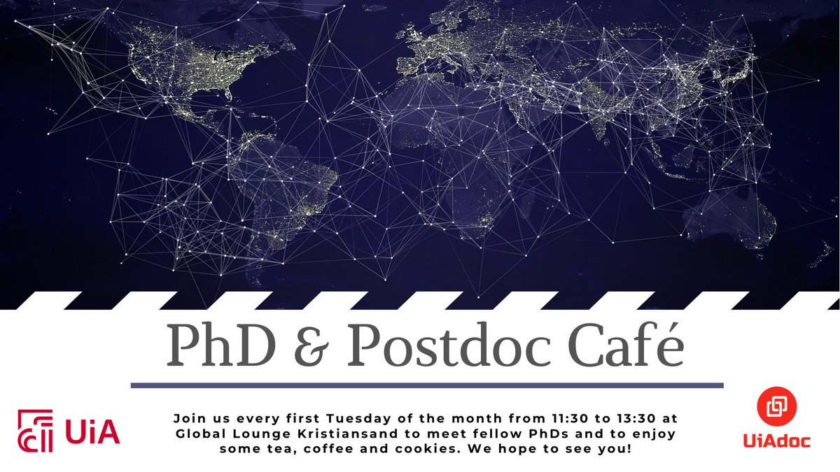 PhD Café - come and meet other PhDs and postdocs at the Global Lounge, every first Tuesday in Kristiansand and every first Thursday in Grimstad, from 11:30-13:30

In KRS: Tues. Feb. 4
In GRM: Thurs. Feb. 6

uiadoc.org/events
