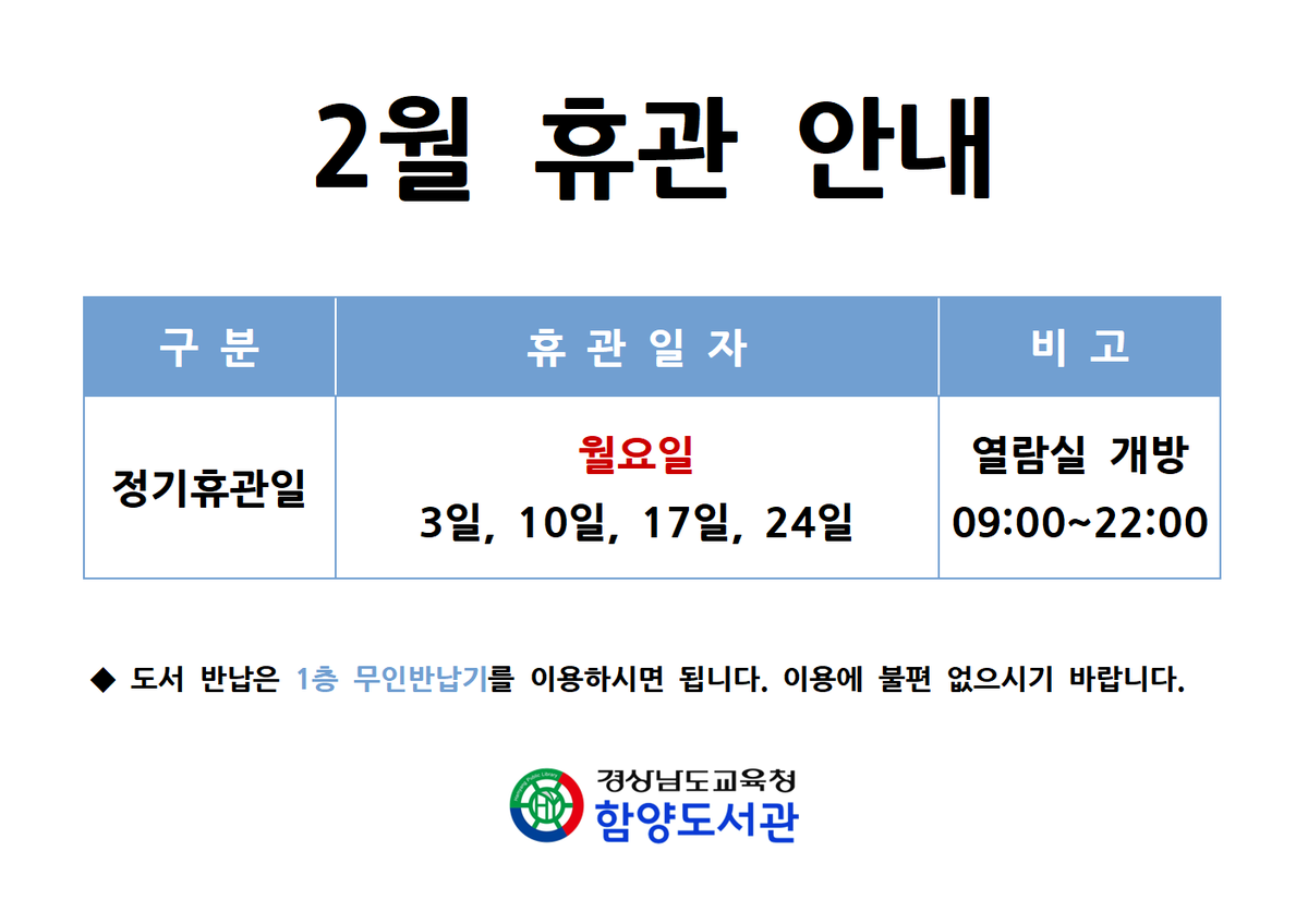 [2월 도서관 휴관 안내]
- 정기휴관일: 3일, 10일, 17일, 24일(월요일) / 열람실 개방(오전 9시 ~ 오후 10시)
* 정기휴관일(월)에는 자료실을 제외한 열람실만 개방합니다.
* 도서 반납은 1층 무인반납기를 이용하시면 됩니다. 
  이용에 불편 없으시기 바랍니다.