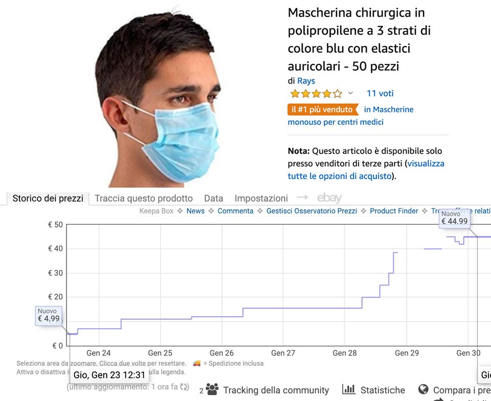skande's tweet photo. Il "principio di scarsità", tanto amato nel marketing, che puoi vedere nel pieno del suo potenziale in queste ore su Amazon.
Una confezione di “mascherine chirurgiche”, normalmente in vendita a 4 euro, ora costa quasi 50 euro 
#coronarvirus https://t.co/yXzAhJTFoJ