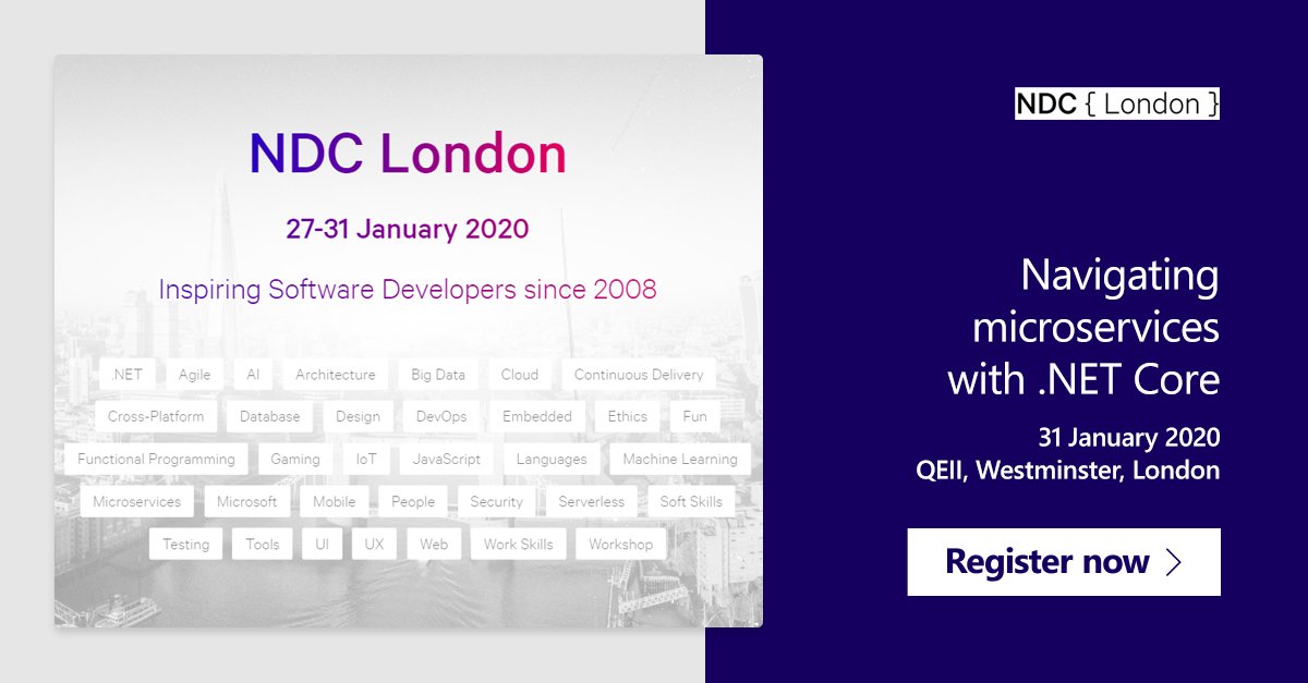 The NDC Logo is on the left hand side. On the right is displayed "Navigating Microservices with .NET Core".