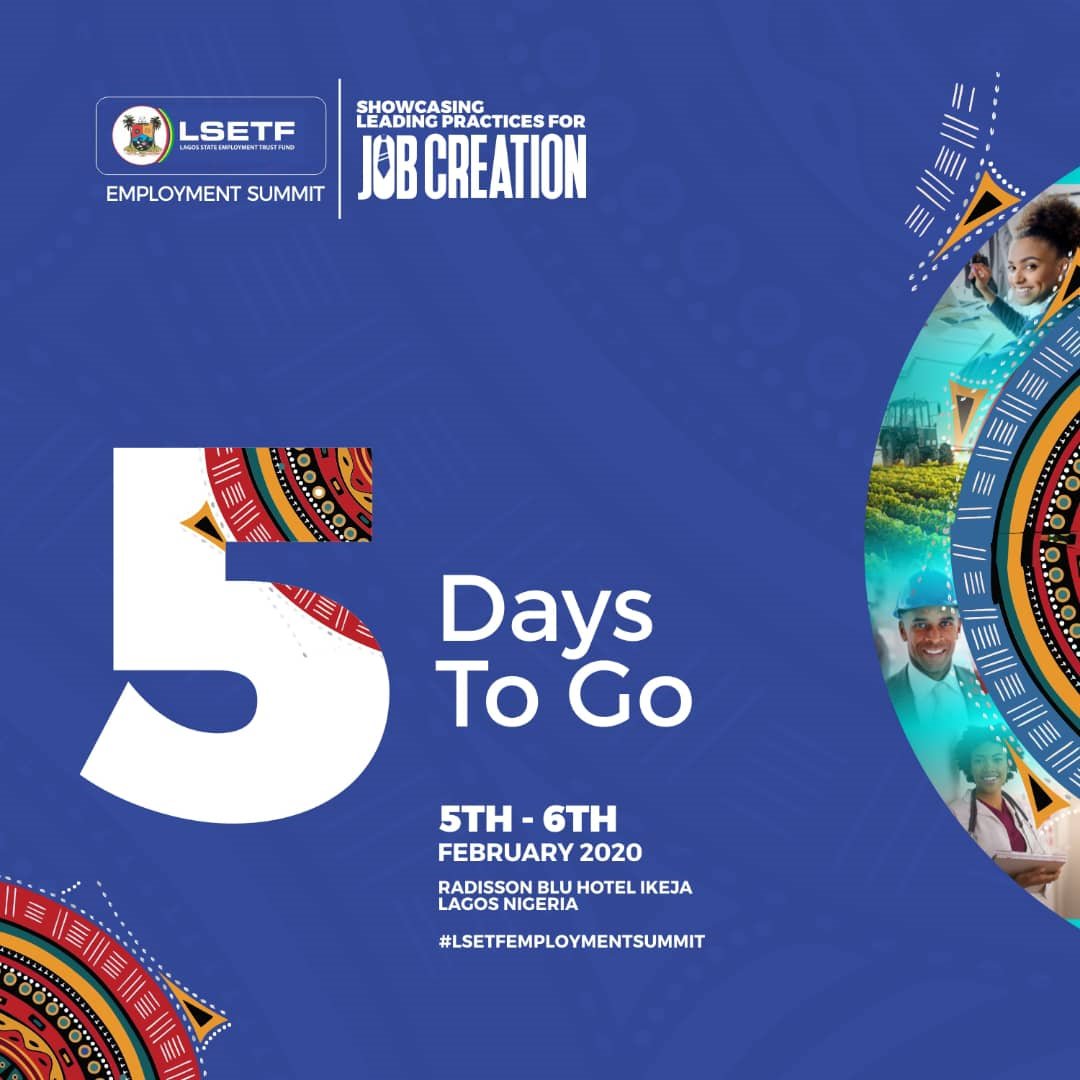 LSETF's tweet photo. Gearing up for an awesome time at the #LSETFEmploymentSummit 1.0!!!
Itโs 5 days to go!
Have you secured a seat?
Avoid the last minute rush - visit https://t.co/szfihsn1rI to register and secure your seat TODAY.
#LetsCreateJobs together.
#LSETF #LSETFES #LES #LSETFSummit https://t.co/fuIuPqtdOK
