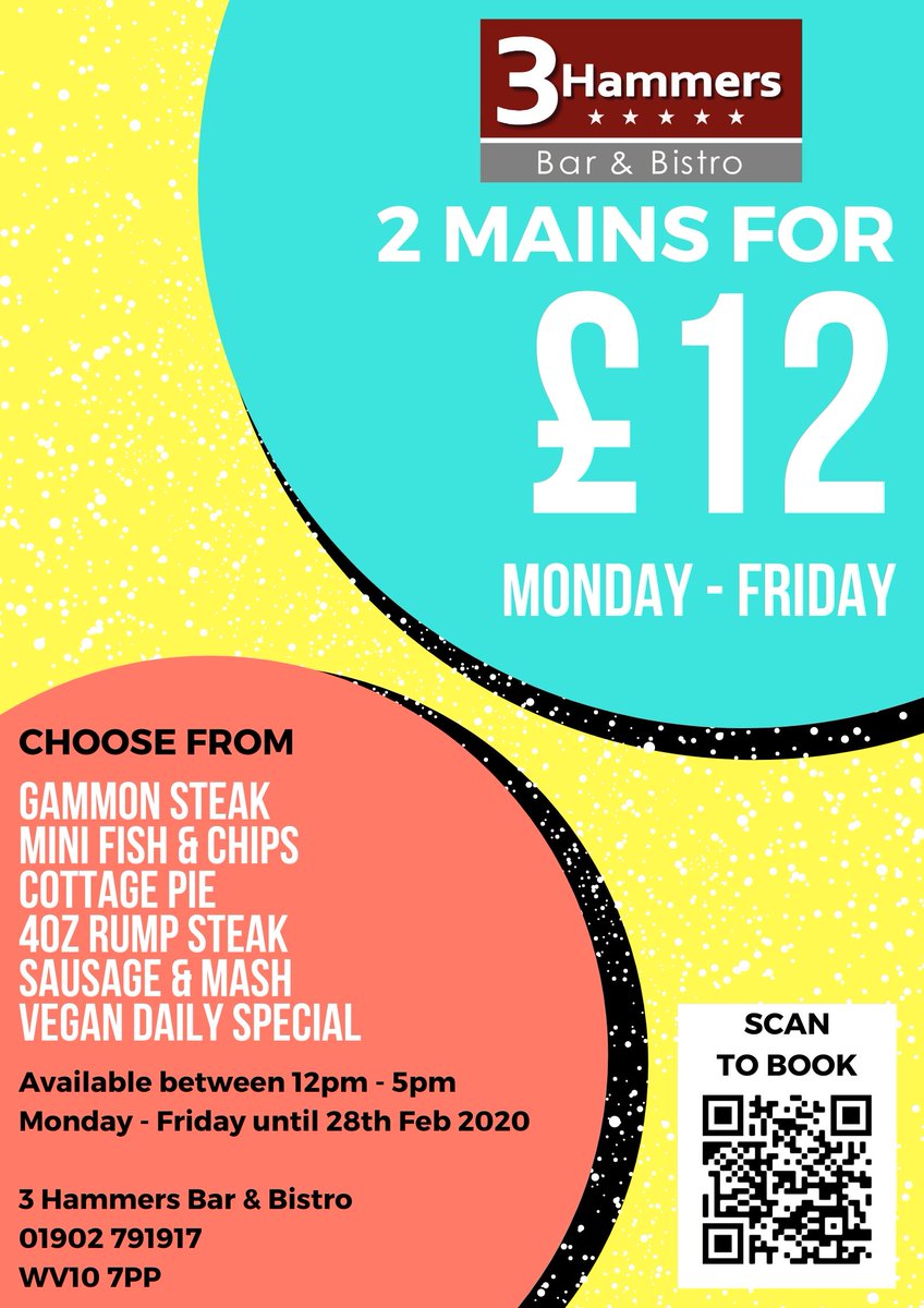 3hammersbistro's tweet photo. 🚨2 FOR £12 MAINS🚨

Choose 2 Mains from our set menu for just £12 Monday - Friday between 12pm - 5pm!!

Book your table now at https://t.co/GNSj0zMb0H or by calling 01902 791917 ☎️ https://t.co/v9EcP9ULwa