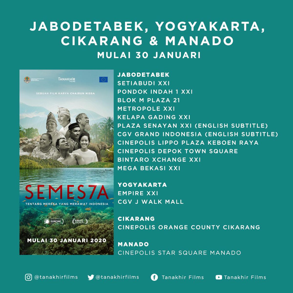 List bioskop yang sedang memutar #filmsemesta hari ini. Untuk kota lain, silahkan cek di @TanakhirFilms .. selamat menjelajahi Indonesia! Semoga terinspirasi!