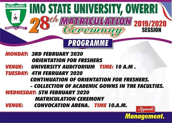 Imsuonline's tweet photo. Imo State University Owerri set to hold her 28th Matriculation Ceremony (2019/2020 Session)
#ImoState #School #CleanImsu #EducationForAll https://t.co/4j4rHSkbdD