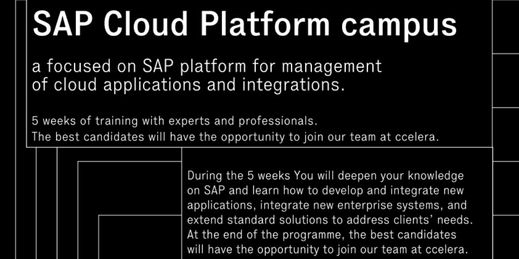 ccelerasrl's tweet photo. Only few days separate us from the beginning of our SAP Cloud Platform Campus, a 5 weeks training programme based in Rome and focused on SAP platform for management of cloud applications and integrations. We can't wait to start! And you? 

For more info: https://t.co/Jl0TP7vqLc. https://t.co/0sAc053bal
