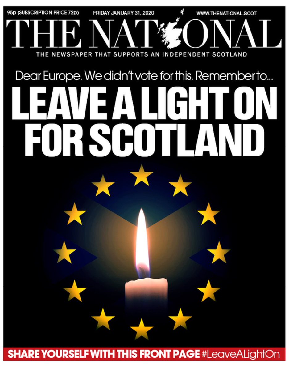 The front page of the newspaper The National, featuring a candle in front of the Scottish national flag surrounded by the stars of the European Union, with the headline Leave a Light on for Scotland