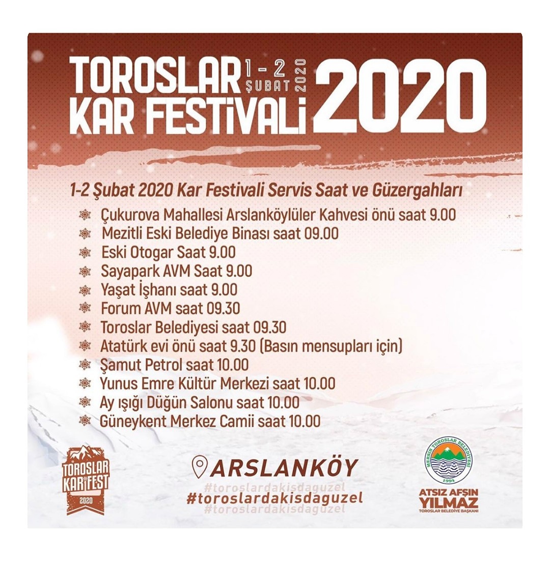 📌Toroslar Kar Festivali ❄️☃️❄️ 
<a href="/toroslarbelediy/">toroslarbld</a> <a href="/atsizafsin/">Atsız Afşın Yılmaz</a>

🗓️  1-2 Şubat Cmtsi Pazar - Arslanköy 

Instagram hesabımız; 📢instagram.com/mersinyasamreh…

#mersin #silifke #tarsus #erdemli #anamur #cuma #tgif #kar #festival #snow #toroslar #çamlıyayla
