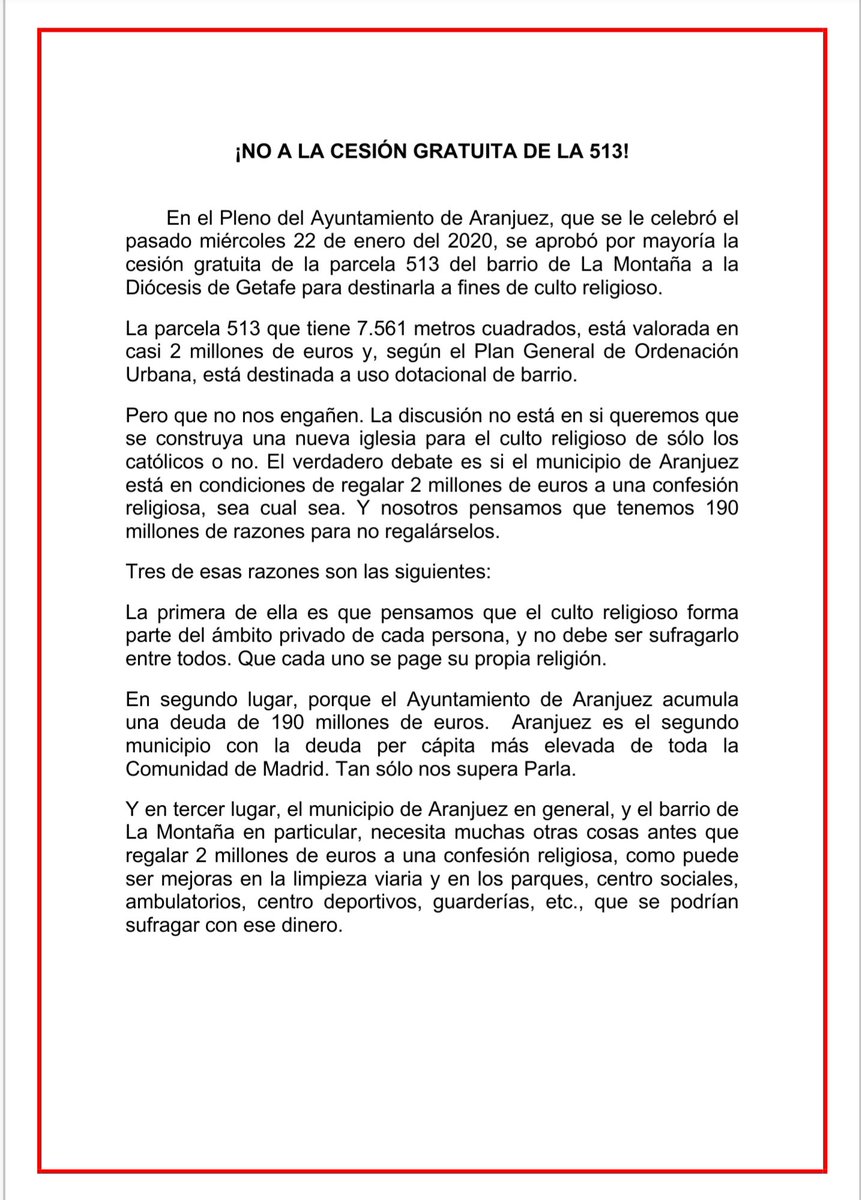 IUAranjuez's tweet photo. Desde Izquierda Unida Aranjuez mostramos nuestro rechazo al regalo de la parcela 513 por parte del ayuntamiento a la Diócesis de Getafe. https://t.co/PuxCbUx9rv