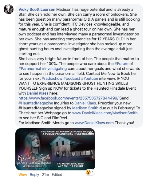 danklaes's tweet photo. RT It looks like 
@MadisonParanor1
 is creating quite a stir in the paranormal field.  See why in this post by Vicky Laursen 
@Ghostigator
 contact Vicky to book 
@MadisonParanor1
 for your next podcast/radioshow/youtube spot. https://t.co/Y5xu4Mty4a