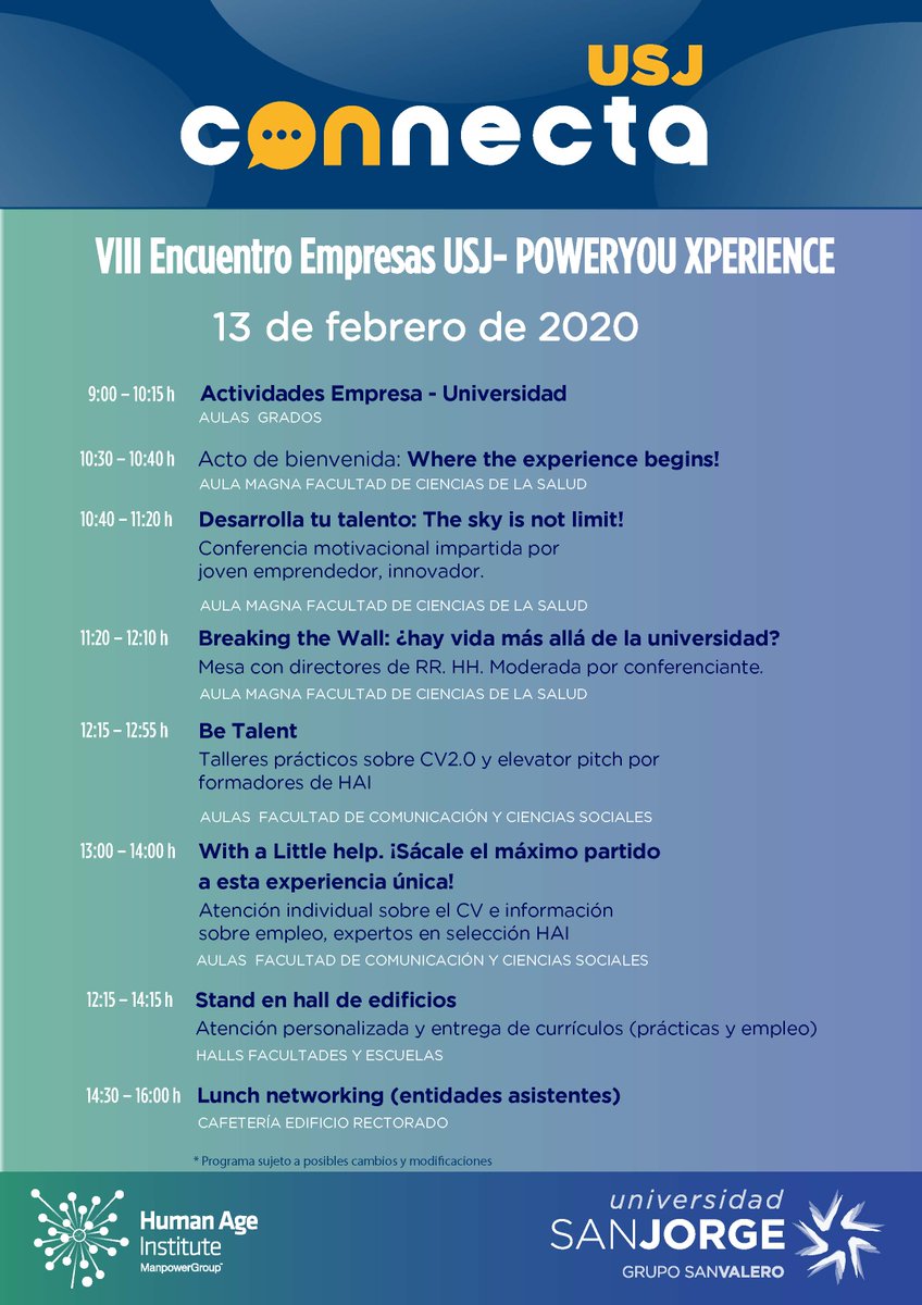 _usj_'s tweet photo. @OrientacionUSJ @FComCSusj @FisioterapiaUSJ @CCAFD_USJ @FarmaciaUSJ @enfermeriaUSJ @ArquitecturaUSJ @Tecnologia_USJ ¡Este año descubre cómo impulsar tu carrera profesional en #PowerYouExperience con @HumanAgeInsES!🚀
🗓️ ¡13 de febrero! #SaveTheDate😉
➡️ Más información: https://t.co/nmauYbLLNy
💻 Inscripciones: https://t.co/SqJjL6fyFA
#USJConnecta #Empleabilidad #Empleo https://t.co/2nzCNhbPRw