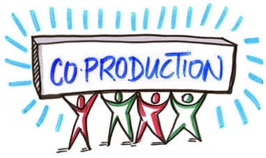 Illustration of people holding up a sign saying 'co-production'