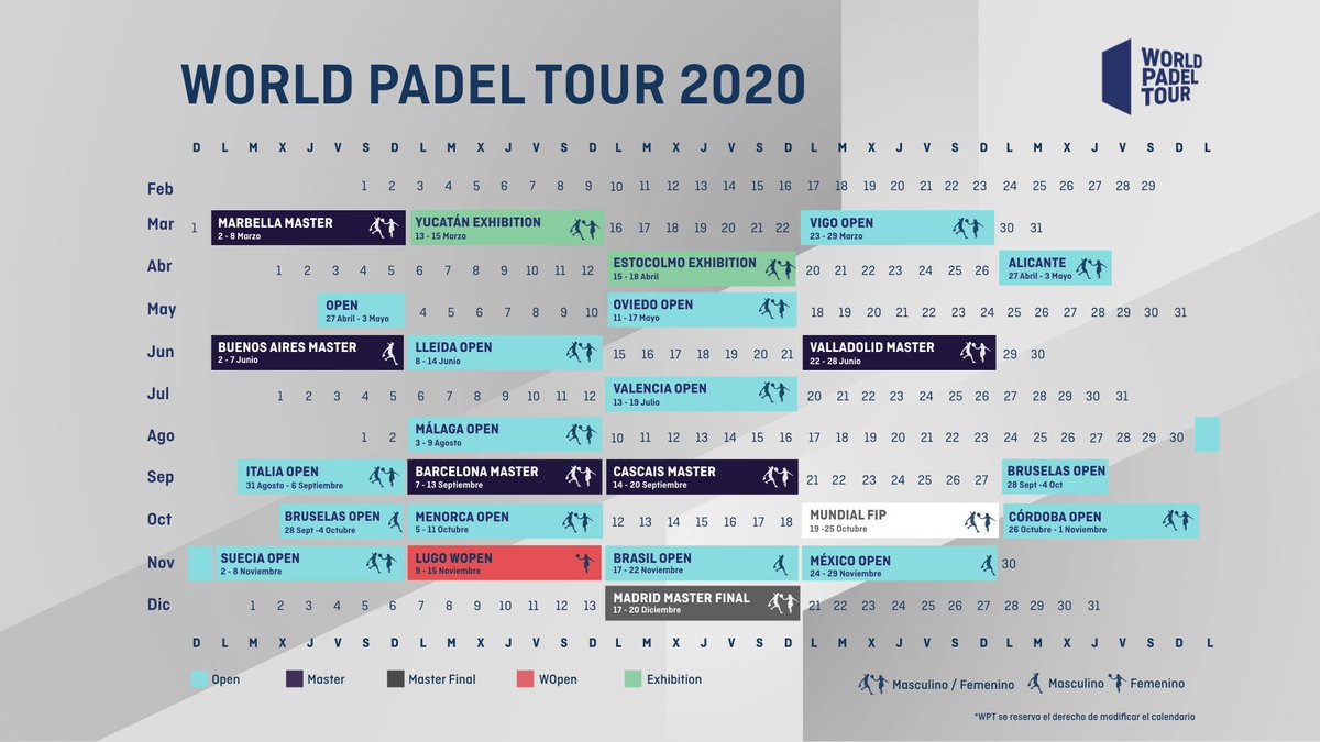 <a href="/WorldPadelTour/">World Padel Tour</a> 📆 HABEMUS CALENDARIO 2020

<a href="/WorldPadelTour/">World Padel Tour</a> ha publicado esta mañana las 22 citas de este año.

🎾 1 Máster Final
🎾 5 Torneos Máster
🎾 13 Torneos Open
🎾 2 Exhibiciones
🎾 1 Torneo WOPEN 

Ahora solo falta que empiece el 
ESPECTÁCULO 👏👏👏

📷 WPT