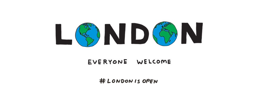 A graphic with white background, big letters saying London where the Os are images of the Earth. Under it text saying Everyone welcome #LondonIsOpen