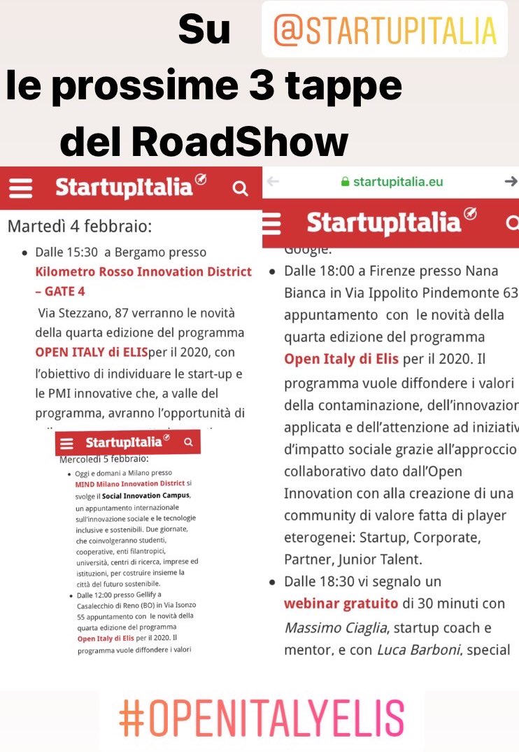 Du <a href="/startup_italia/">StartupItalia</a> le prossime 3 tappe del RoadShow di #OpenItalyElis.
Saremo a #Bergamo, #Bologna e #Firenze!
Grazie al nostro super Ambassador <a href="/androm/">Andrea Romoli</a> per averci inserito!