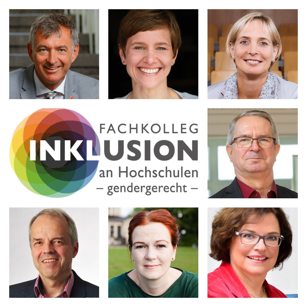 Sieben Porträts der Menschen auf der Podiumsdiskussion: Eine Hochschule ohne Hindernisse – Wie geht das? Jochen Drescher,  Britt Dahmen, Sylvia Heuchemer, Thomas Hofsäss, Jörg Wolstein, Katja Dörner und Petra Wontorra.