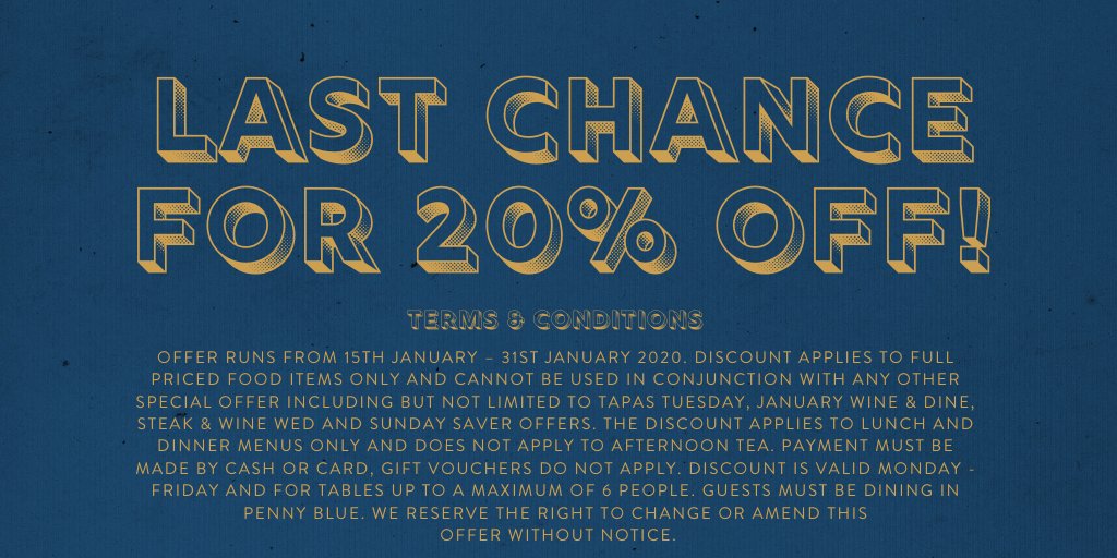 PSA: We interrupt your daily feed to remind you today is the LAST DAY you can get 20% off our new lunch&amp;dinner menu in Penny Blue. We have a few tables available for lunch &amp; just a handful for dinner! I mean it IS Friday after all... booking.resdiary.com/widget/Standar…