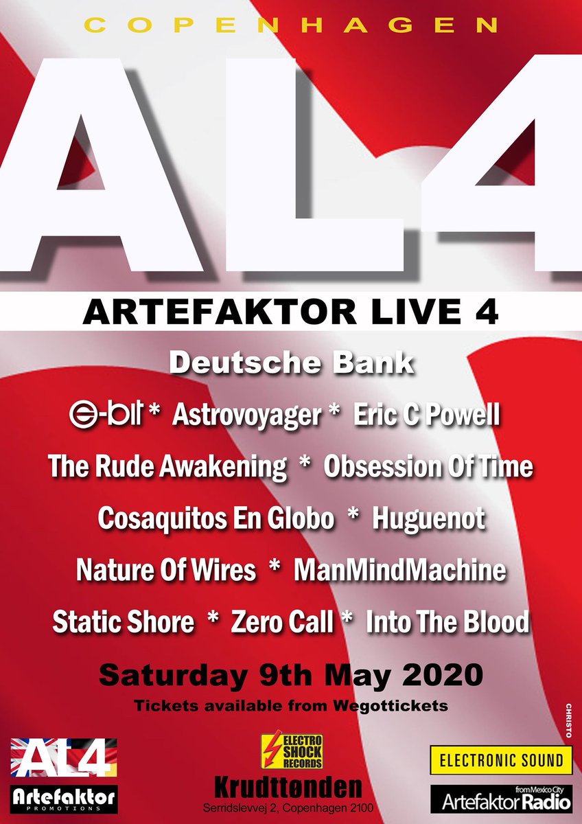 ColinsCuts's tweet image. #Electrocurated programme #83
6-8pm (UK times)
Saturday 1Feb20
includes
#Nórdika
and
#StaticShore

2 of the "#ArtefaktorLive4 Supported By #ElectronicSound" artists

#AL4 tickets via:
London wegottickets.com/event/483442
Berlin wegottickets.com/event/483732
Copenhagen wegottickets.com/event/483733