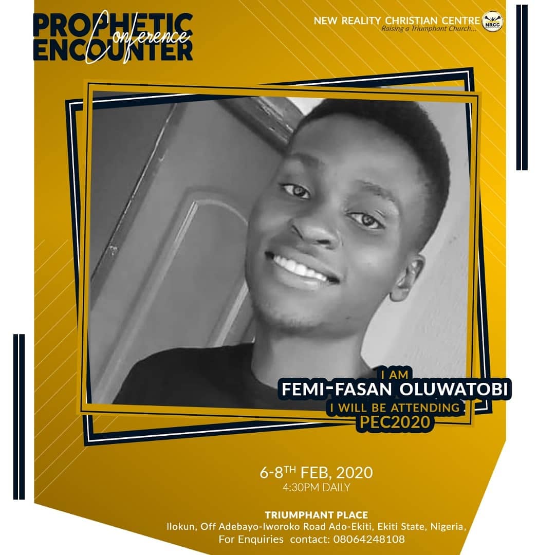 nrcc_adoekiti's tweet photo. Join these people in Prophetic Encounter Conference 2020. You can't afford to miss this event. It was specially packed for you.
#PropheticEncounterConference2020
#eksu
#fuoye
#fedpolyado
#newrealitycc https://t.co/OaCfnIya2c