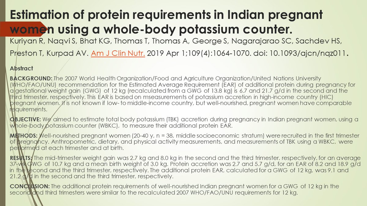 StJohnsResearch's tweet photo. Additional #ProteinRequirement estimation in Indian #PregnantWomen using Whole-body potassium counter. Additional #ProteinRequirement for a #GestationalWeightGain of 12kg in 2nd & 3rd trimesters, similar to the Recalculated 2007 @WHO @FAO @UNUniversity requirements for 12kg. https://t.co/iiD3NOupQx