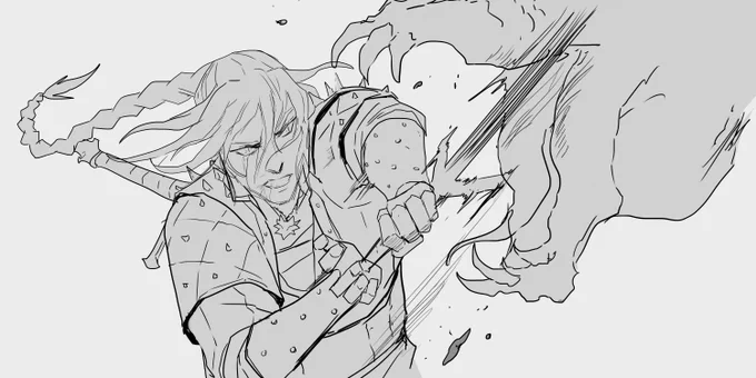 I got inspired by colin amazing action skills and did one last doodle for tonight. Rema slaying some monsters. #witcherOC #witcherlass 