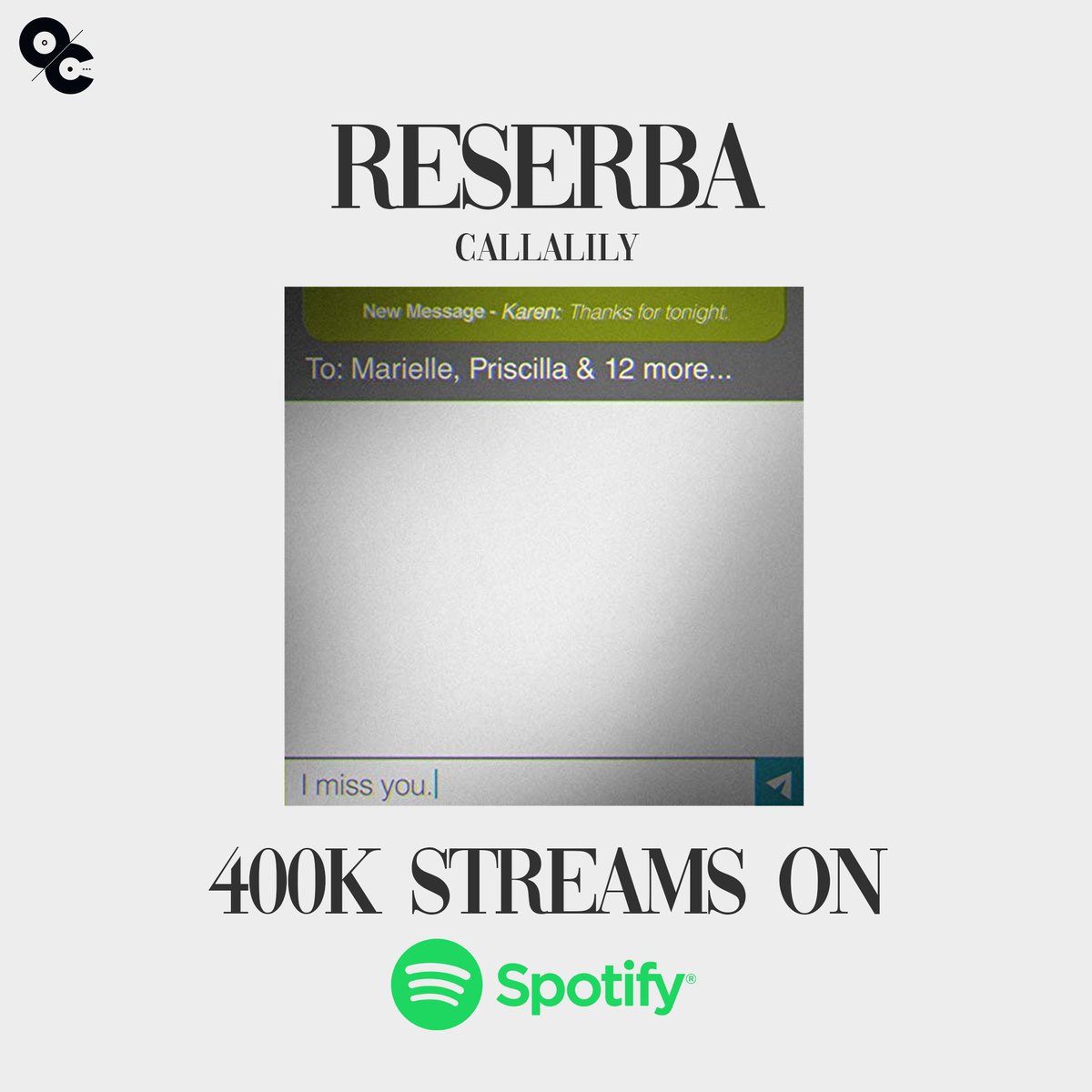OCRecordsPH's tweet photo. "Reserba" by @callalilymusic has reached 400k streams on Spotify!

Stream here:
https://t.co/uZFosyTOAc

You can also watch the music video here:
https://t.co/Bf5NOXKO1F

#Reserba
#ReserbaMV
#Callalily
#OCrecords https://t.co/eXAbpCiUGC