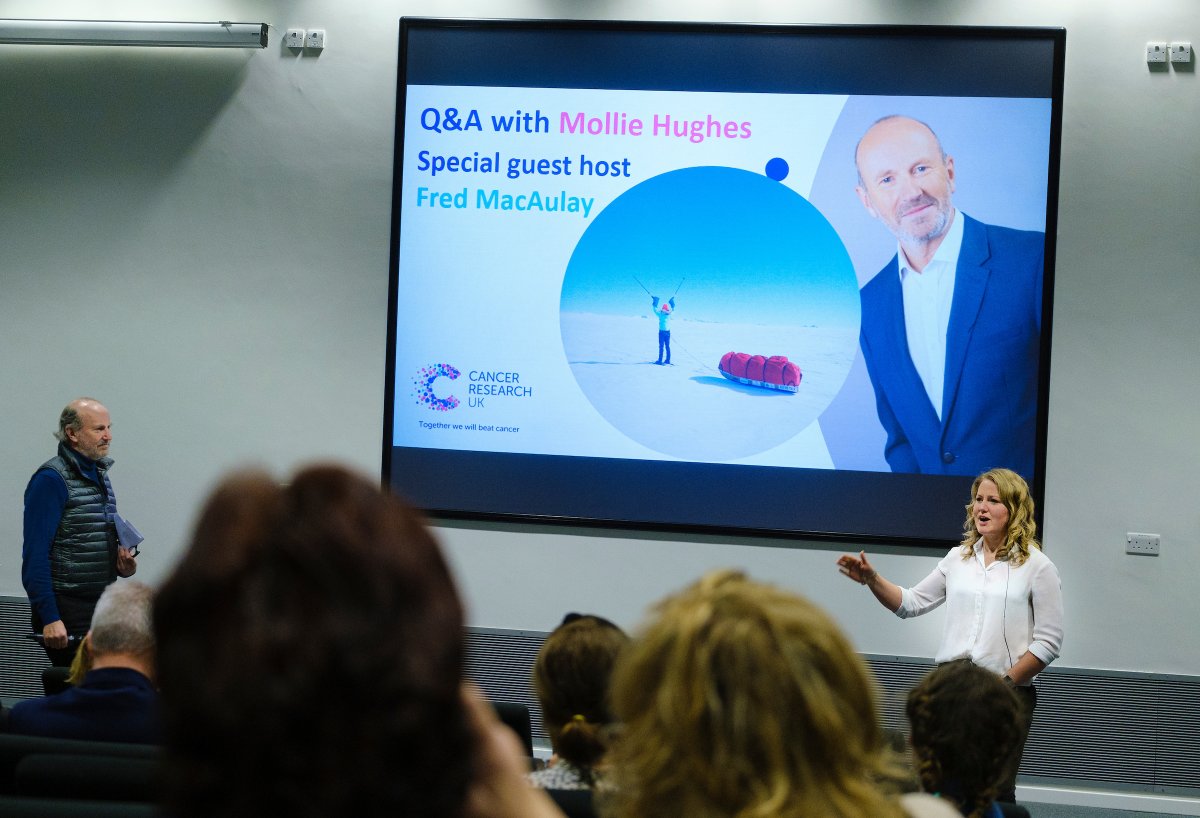 CRUKScotland's tweet photo. What a great night for @MollieJHughes after becoming the youngest woman in the world to ski solo to the South Pole. Thank you @fredmacaulay, @kblyth1, @kaetinto @BeelinePR @kkellyfallon @CarrieCRUK 📷Mike Wilkinson. Text MOLLIE10 or MOLLIE20 to 70180 to raise funds for @CR_UK 💜 https://t.co/Mk0Xnxe4Cr
