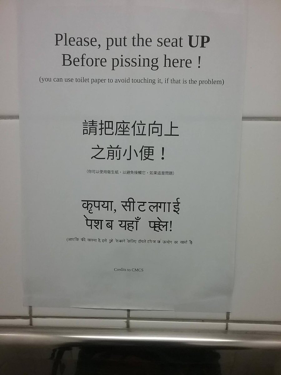 A photograph with writings in English and badly translated Hindi and Chinese to tell people to put the toilet seat up while pissing.