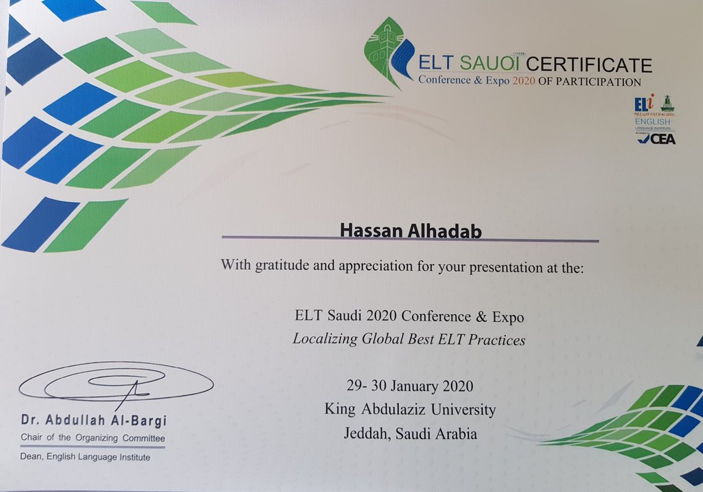 halhadab0's tweet photo. I'm glad to have had the opportunity to speak at #ELTSaudi2020 Conference
A million thanks to @eli_kau https://t.co/7tJK7F3xfM